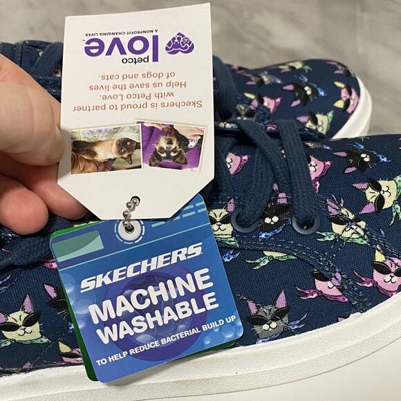 NWT BOBS from Skechers Windy Kitty Cat Print Sneakers Navy Blue Memory Foam 7.5 - Picture 7 of 14